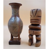Pre Colombian Style Pottery and  Wooden Sculpture