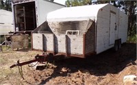 18' TANDEM AXLE FLATBED TRAILER W-OLD CAMPER SHELL