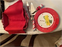 Red Tray, Christmas plate, 3 utensils & red towel