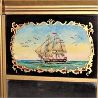VINTAGE MIRROR WITH REVERSE PAINTING OF SHIP
