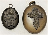 2 MOURNING LOCKETS 1 WITH HAIR UNDER GLASS 1800s