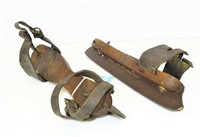 VINTAGE PAIR OF WOODEN & LEATHER ICE SKATES