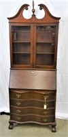 MAHOGANY SECRETARY SLANT FONT DESK TWO GLASS DOORS