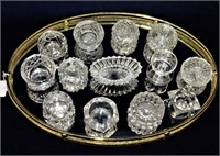 BRASS MIRRORED DRESSER TRAY WITH 13 CRYSTAL SALTS