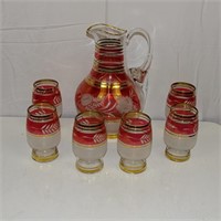 PITCHER & 6 SMALL JUICE GLASSES,CRANBERRY 9.5"