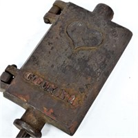RARE LONG CAST IRON WAFFLE IRON WITH HEART ON IT N