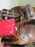 lunch pail measuring cups coffee tin bowl