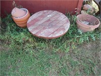 Round Redwood Side Patio / Deck Table & Planters