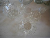 Pressed Glass Bowls, Candle Holders, Cookie Jar &