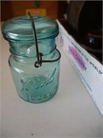 Vintage Blue Ball Jar w/Glass Lid, Insulators &