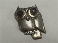 Silver Mexico Owl Broach Amethyst Eyes 14.6 DWT