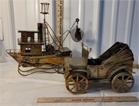 2 large copper music boxes - ship & car