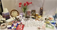 Misc glassware and silverware and candles, vases,