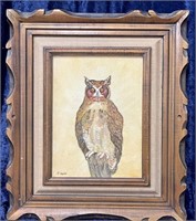 Great Horned Owl Painting by Lusk in Carved Frame