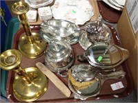 SILVER ITEMS AND BRASS CANDLESTICKS