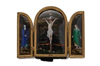 FRENCH ENAMEL TRIPTYCH ICON IN FITTED BRONZE FRAME