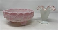 Fenton Bowl and Ruffled Milk Glass Vase