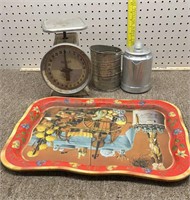 Tray, coffee pot, flour sifter& scale