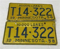Set of 1958 Minnesota License Plates