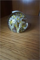 Glass Paper Weight with yellow and white flowers