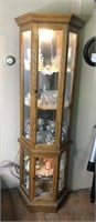 OAK LIGHTED CURIO CABINET - W/ CONTENTS