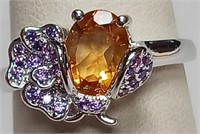 STERLING SILVER & CITRINE, AMETHYST RING SIZE 6.5