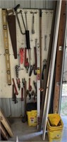 Misc. tools, hand saws, sledgehammer, vice grips,