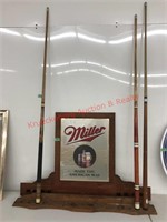 Miller beer pool cue stick wall rack with 3 cue