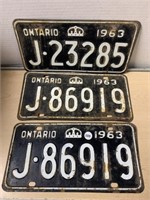 3 Ontario License Plates 1963 (2 Are Same Number)