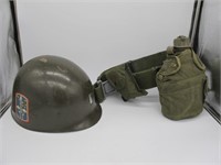 US ARMY HELMET LINER AND GEAR BELT W/ ACCESSORIES