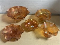 5 Carnival Glass Dishes - Largest is Peacock and