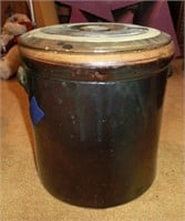 4 gal. brown stoneware crock & a lid