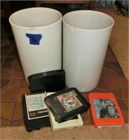 2 stoneware cylinder vases w/chips & 8 track tapes