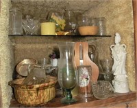 2 shelves of glassware, stoneware, Quan yin