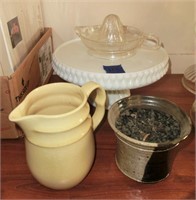 pressed milk glass cake stand, pottery milk