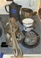 Graniteware coffee pot, bread pan & more