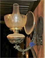 pressed glass wall oil lamp w/iron bracket &