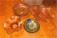 4 Carnival glass bowls including green floral 8"