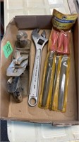 Wood plane, file set & 12" crescent wrench