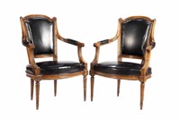 PAIR OF FRENCH WALNUT & LEATHER ARMCHAIRS