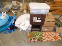 FILE CABINET, TOTES, DOG BED, AIR BED, & RUG