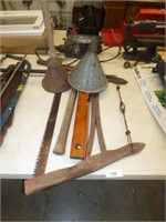 OLD BOW SAW, FUNNEL, WASHING MACHINE & MORE