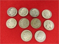 10 ROOSEVELT DIMES VARIOUS DATES & MM 90%