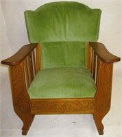 Mission Oak Upholstered Fancy Carved Rocking Chair