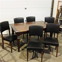 modern wood table, 2 leaves, 6 chairs