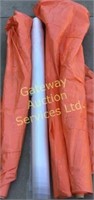 3 orange tarps and 1 roll of plastic (unsure of