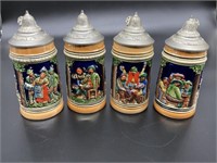 (4) Ceramic German Bier Steins with Pewter Lids