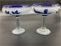 (2) Blue & White 6in Margarita Glasses