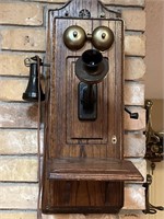 Antique Oak Wall Hand Crank Wall Telephone, 1910's