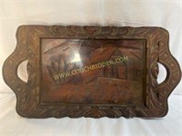 Vintage Carved Wood Serving Tray With Glass Top